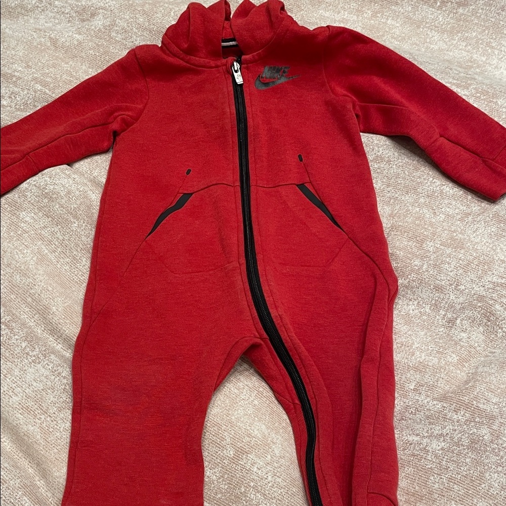 Nike Red Hooded Baby One-Piece Footie with Black Zip